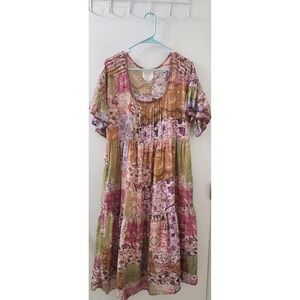 Jade Patchwork Floral Cotton Silk Midi Dress XS Pink Green Boho Tiered Flutter